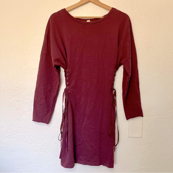 silence + noise UO Wine Side Lace Up Cinch Long sleeve Mini Dress, Size S - Picture 2 of 9